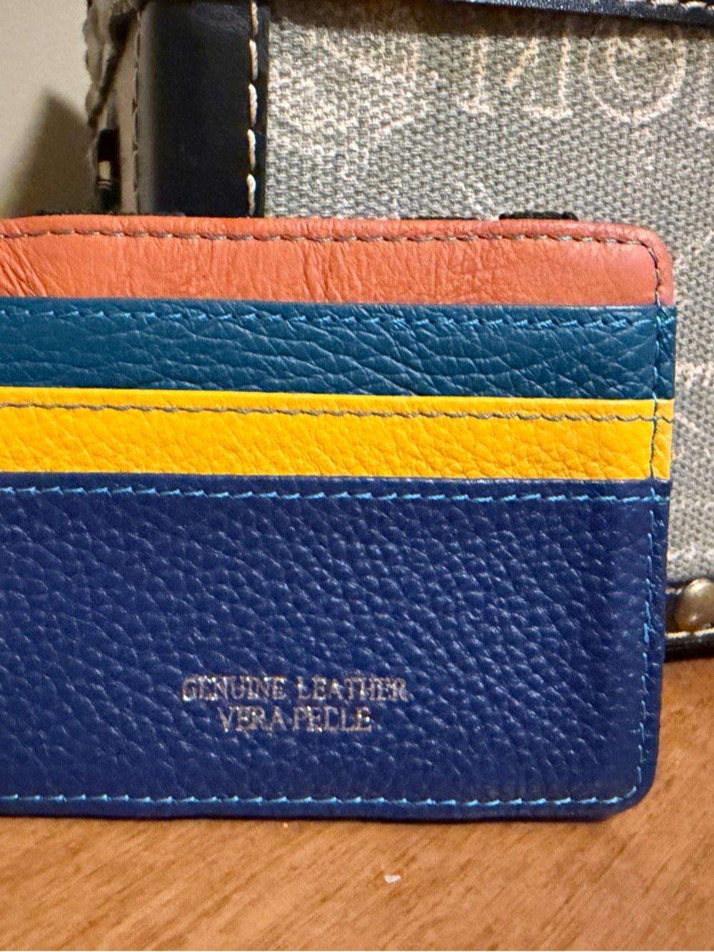 Genuine Italian Leather Colorblock Card Holder - Blue, Teal, Yellow, Orange